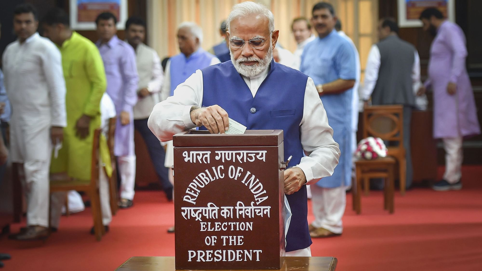 <div class="paragraphs"><p>New Delhi: Prime Minister Narendra Modi cast his vote for the election of the president, at Parliament House in New Delhi, on Monday, 18 July.</p></div>