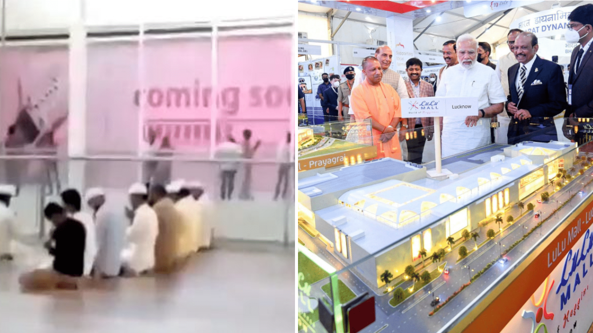 <div class="paragraphs"><p>Video of the group offering namaz at Lulu mall (left); PM Modi and Yogi Adityanath at the ground breaking ceremonyof Lulu Group's projects.</p></div>