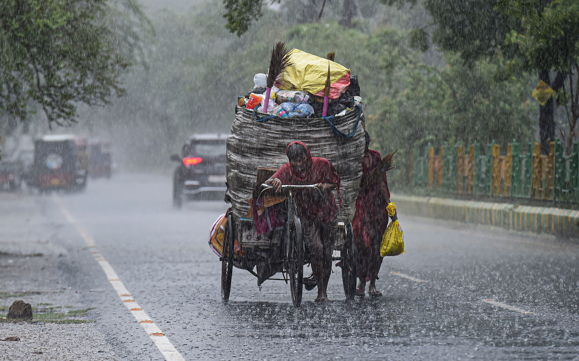 <div class="paragraphs"><p>Ghaziabad: A  man carries garbage on a cart amid monsoon rains on Thursday, 30 June 2022.  </p></div>