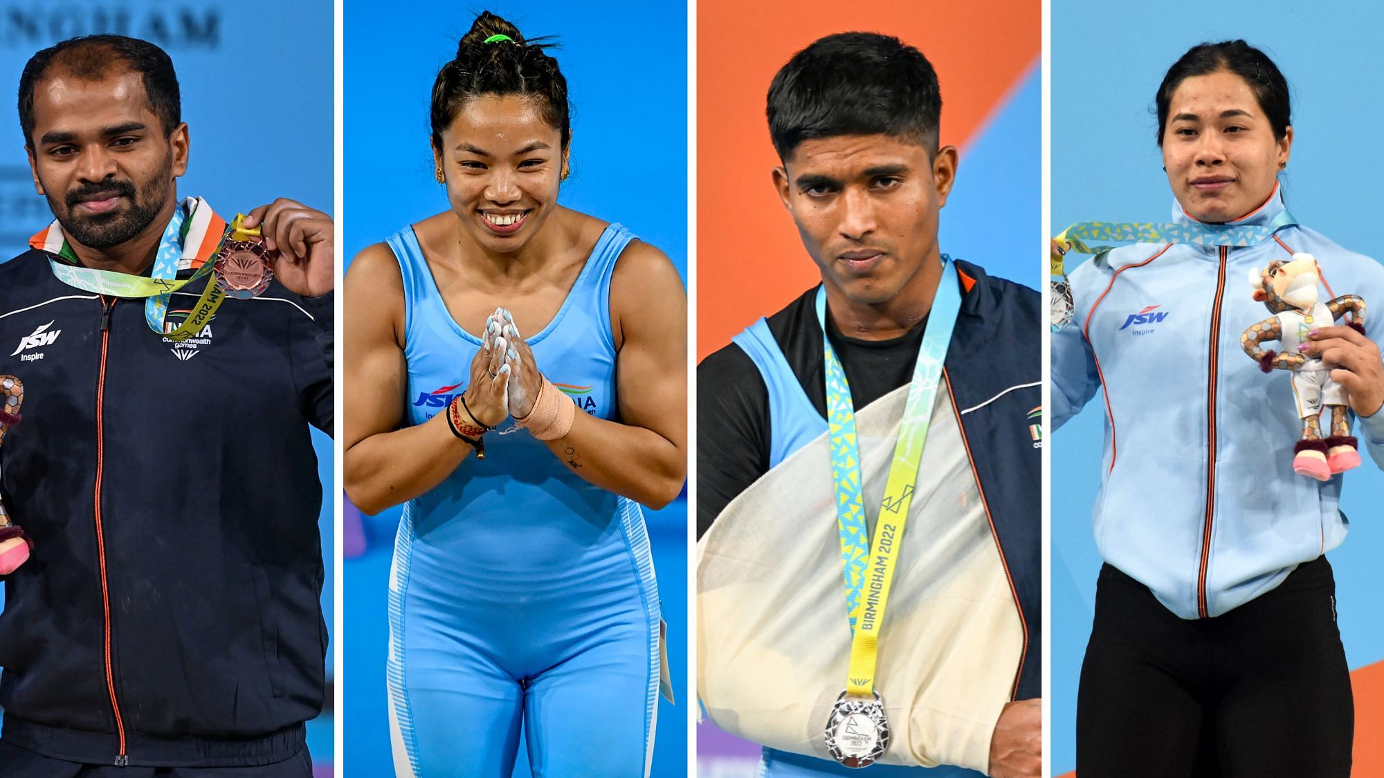 <div class="paragraphs"><p>Watch the winning moment of Mirabai Chanu, Sanket Sargar, Gururaja Poojary and Bindyarani Devi bagging their medals at the 2022 CWG.</p></div>