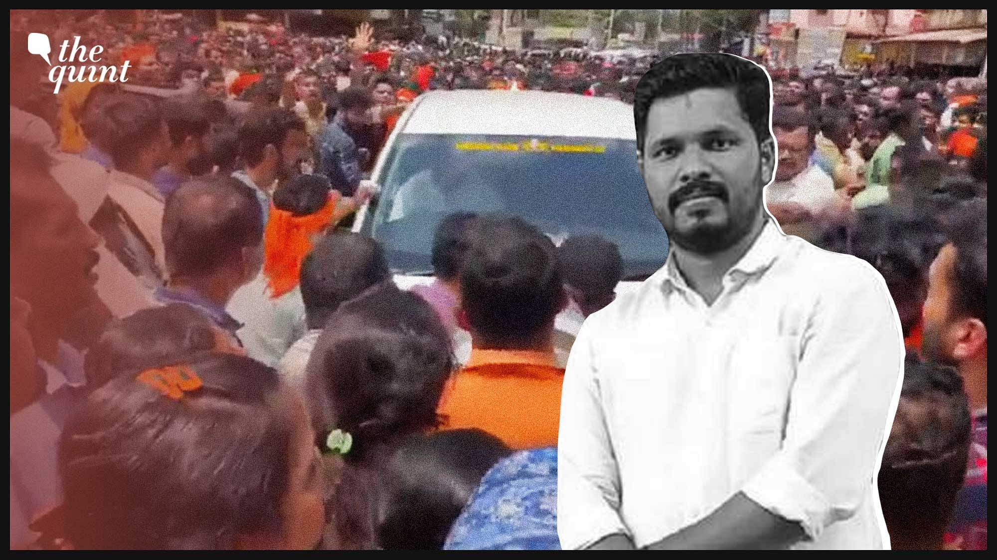 <div class="paragraphs"><p>Angry protesters&nbsp;gheraoed the car of Dakshina Kannada MP Nalin Kumar Kateel after he tried to visit the family of the deceased BJP youth leader in Bellare.&nbsp;</p></div>