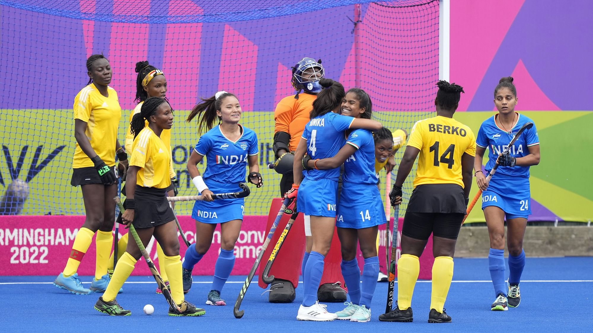 <div class="paragraphs"><p>India team members celebrate after scoring a goal during the Women's Pool A hockey match against Ghana at the Commonwealth Games in Birmingham on Friday.</p></div>