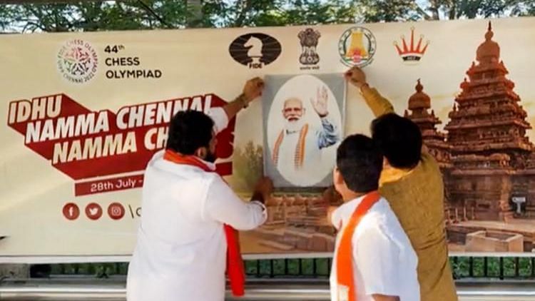 <div class="paragraphs"><p>BJP functionaries in Tamil Nadu were seen affixing portraits of Prime Minister Modi onto hoardings advertising the Chess Olympiad across Chennai, as part of the Tamil Nadu government's publicity campaign for the 44th Chess Olympiad.</p></div>
