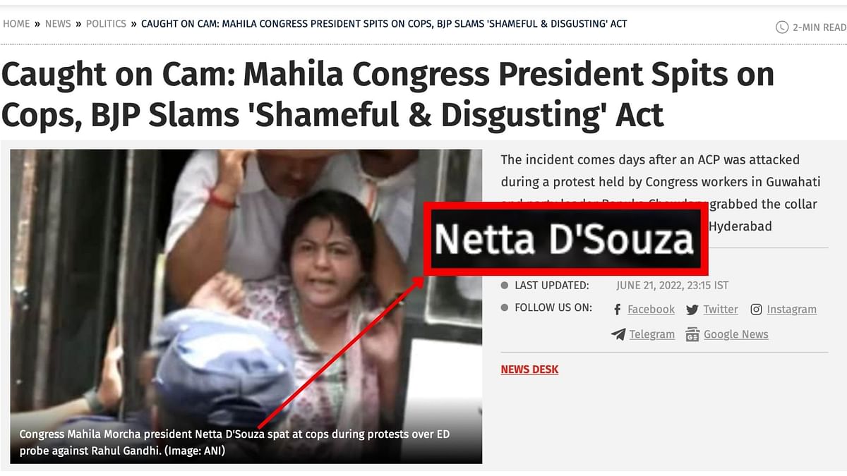 Netta D'Souza was protesting against the ED questioning of Rahul Gandhi in connection with the National Herald case.