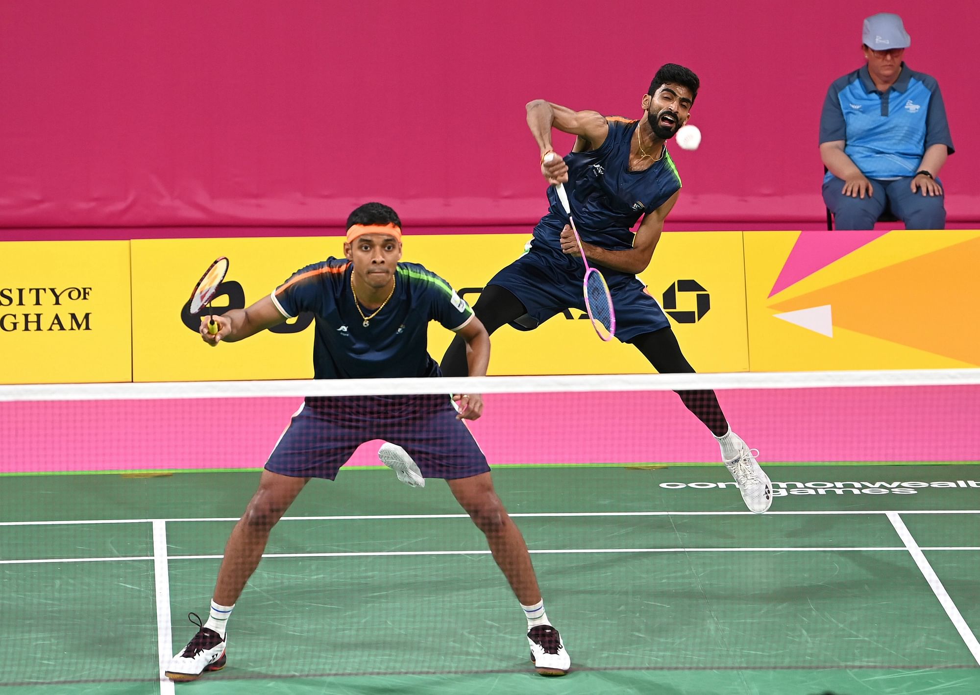 <div class="paragraphs"><p>India's B&nbsp;Sumeeth Reddy (right) and Chirag  Shetty compete against Sri Lanka's Sachin Dias and Dumindu Abeywickrama during the men's doubles badminton match at the 2022 Commonwealth Games on Saturday.</p></div>