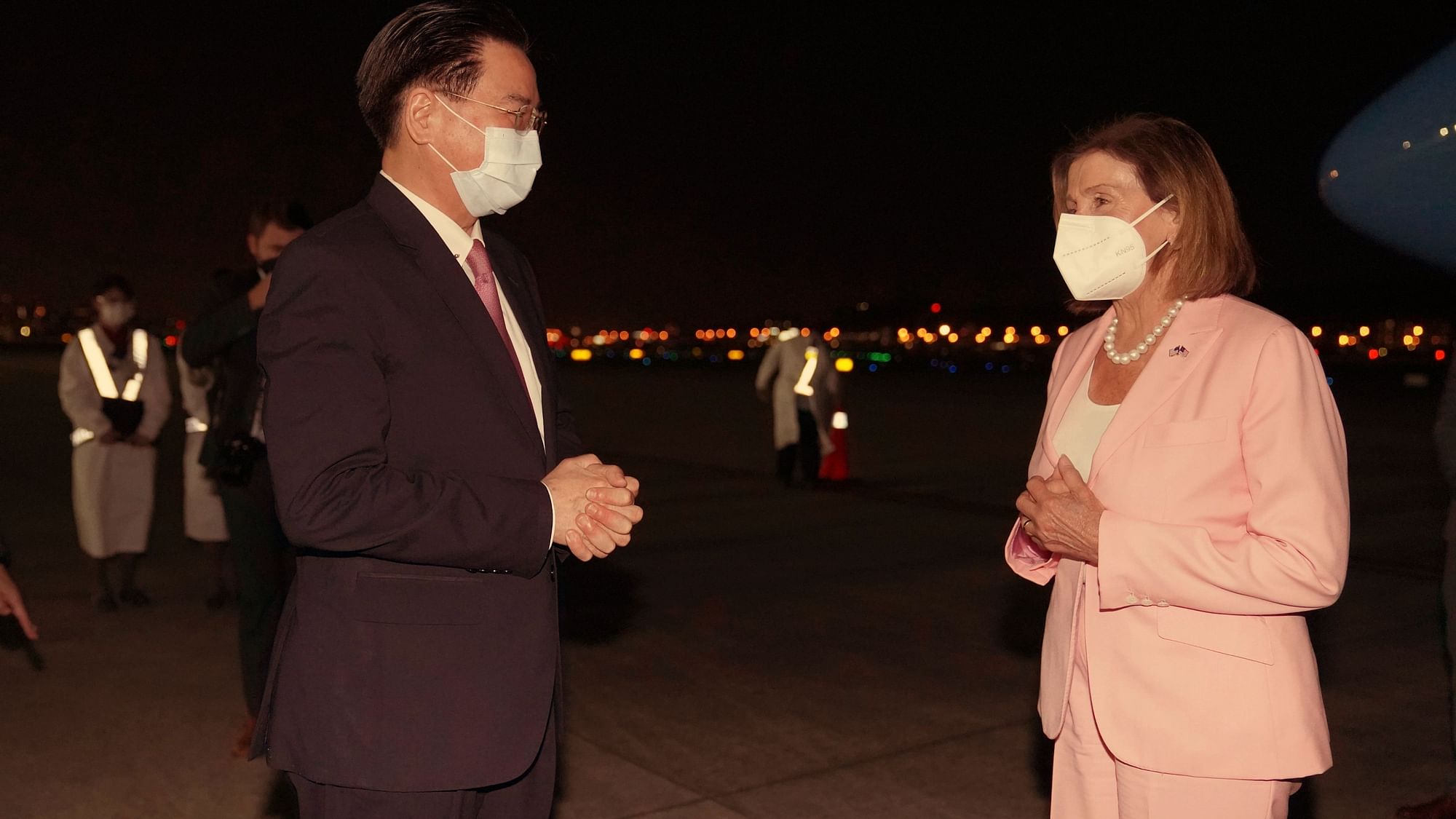 <div class="paragraphs"><p>In this photo released by the Taiwan Ministry of Foreign Affairs, US House Speaker Nancy Pelosi, right is greeted by Taiwan's Foreign Minister Joseph Wu as she arrives in Taipei, Taiwan, Tuesday, 2 August. </p></div>