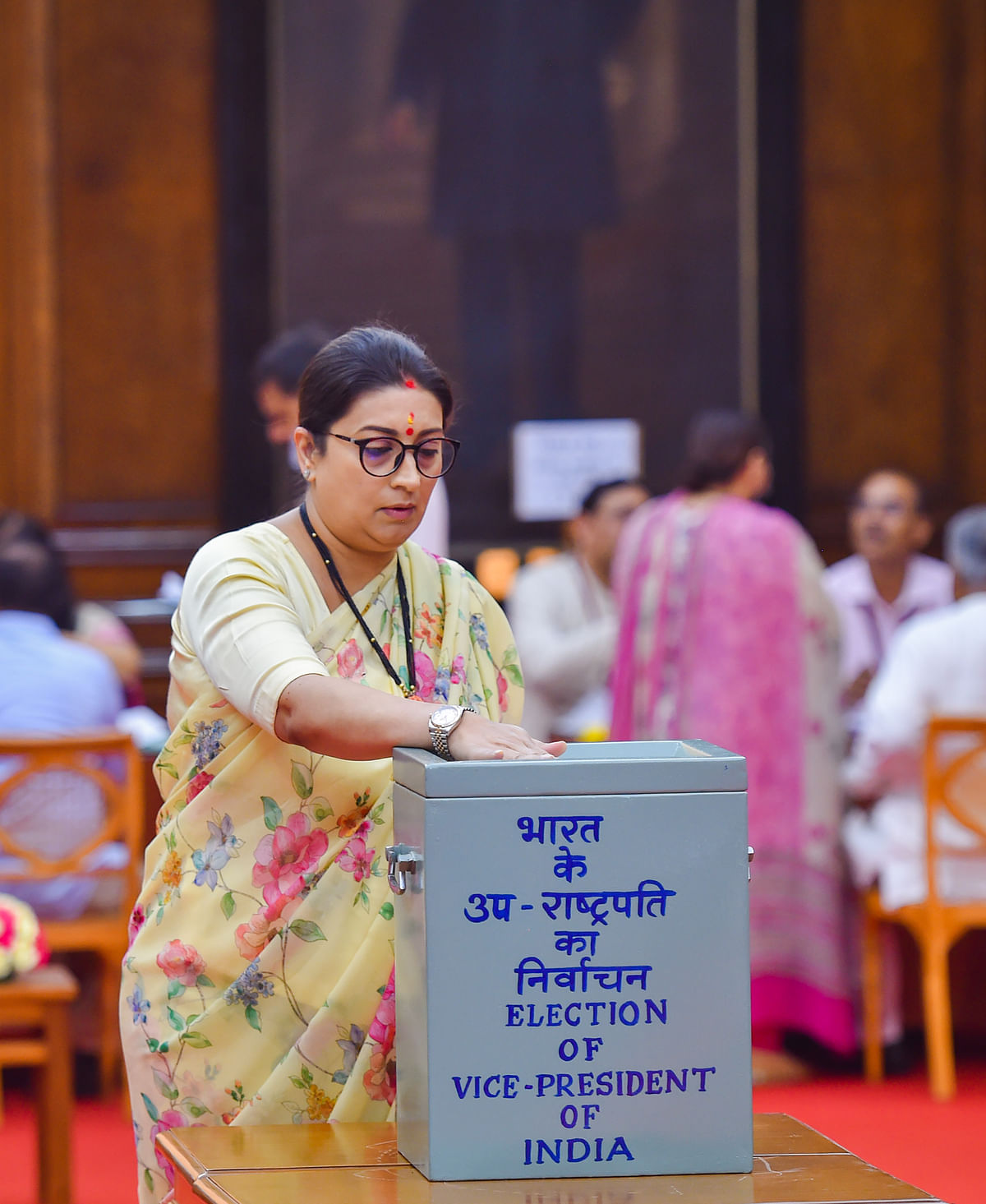 <div class="paragraphs"><p>Union Minister for Women and Child Development Smriti Irani voted in the vice presidential poll.</p></div>