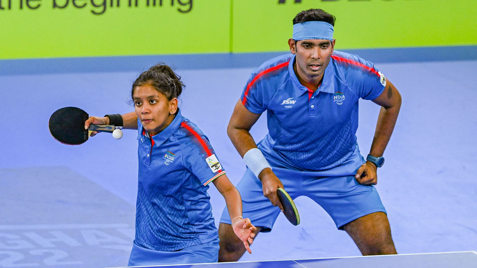 <div class="paragraphs"><p>India's mixed doubles pair of Sharath Kamal and Akula Sreeja in action against Lum Nicholas and JEE Minhyung of Australia during mixed doubles table tennis semi-final match at the 2022 Commonwealth Games.</p></div>