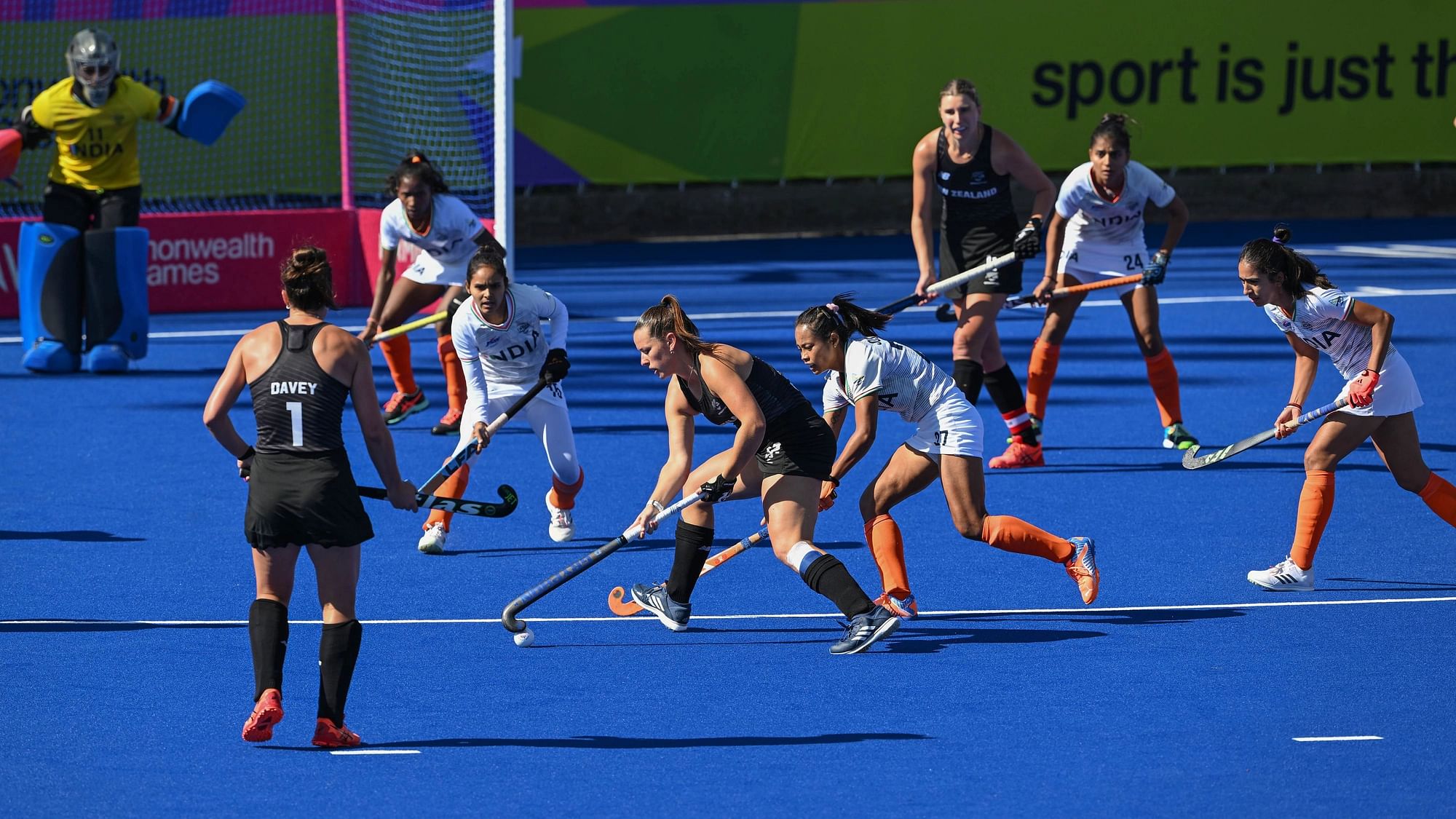 <div class="paragraphs"><p>Indian (white jersey) and New Zealand (black jersey) players in action in the women's bronze medal hockey match at the 2022 Commonwealth Games 2022 in Birmingham on Sunday.&nbsp;</p></div>