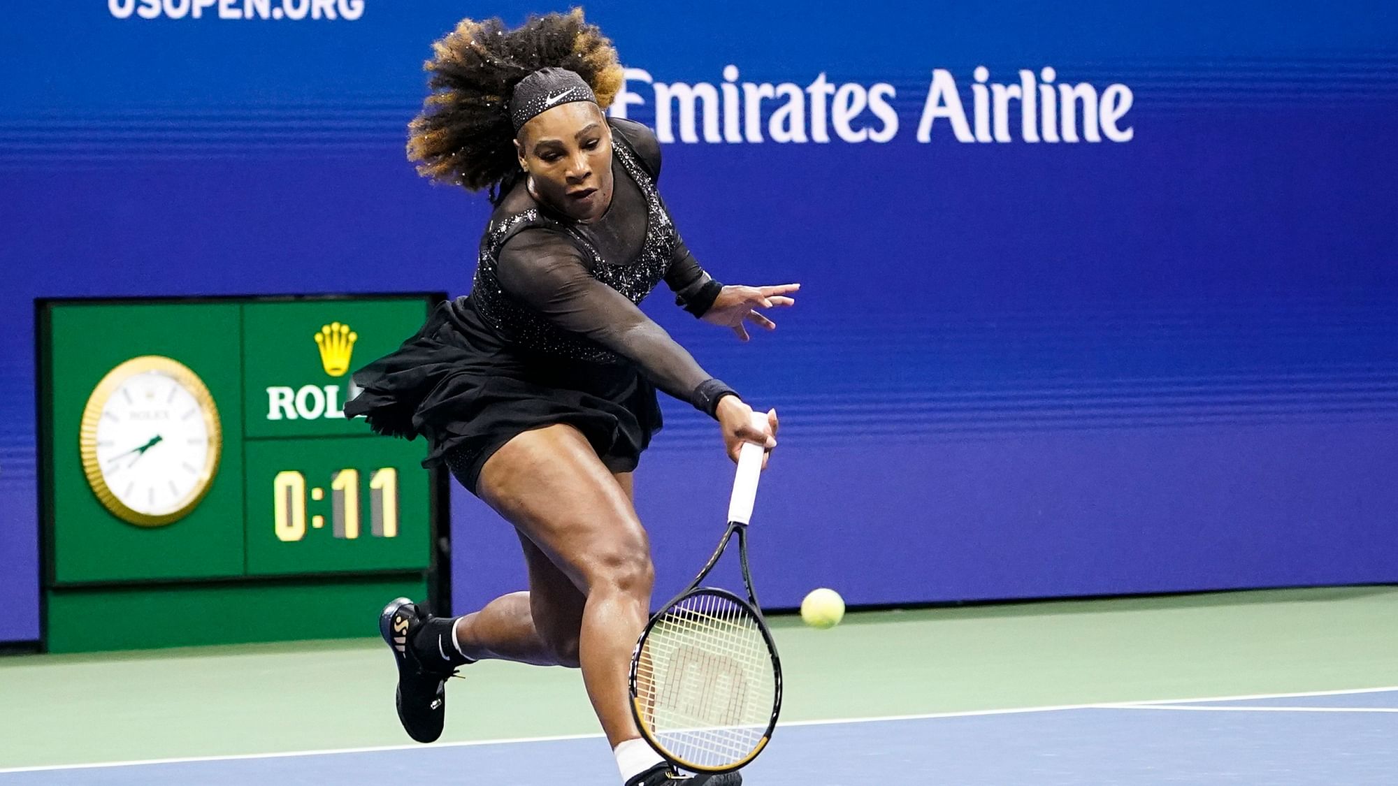 <div class="paragraphs"><p>Serena Williams in action during the first round of the US Open 2022 on Monday.&nbsp;</p></div>