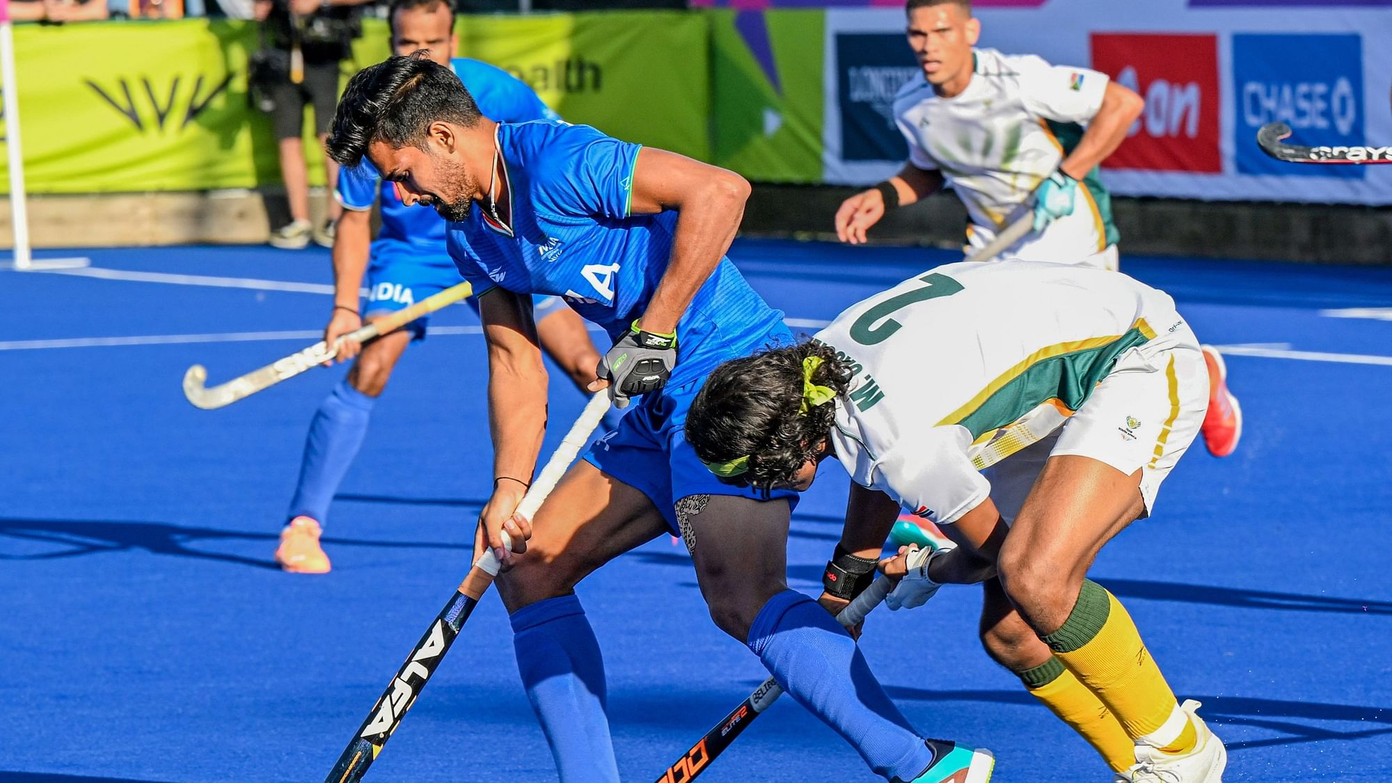 <div class="paragraphs"><p>Indian men's hockey team player Abhishek in action against South Africa in the men's hockey semi-final match at the 2022 Commonwealth Games on Saturday.&nbsp;</p></div>