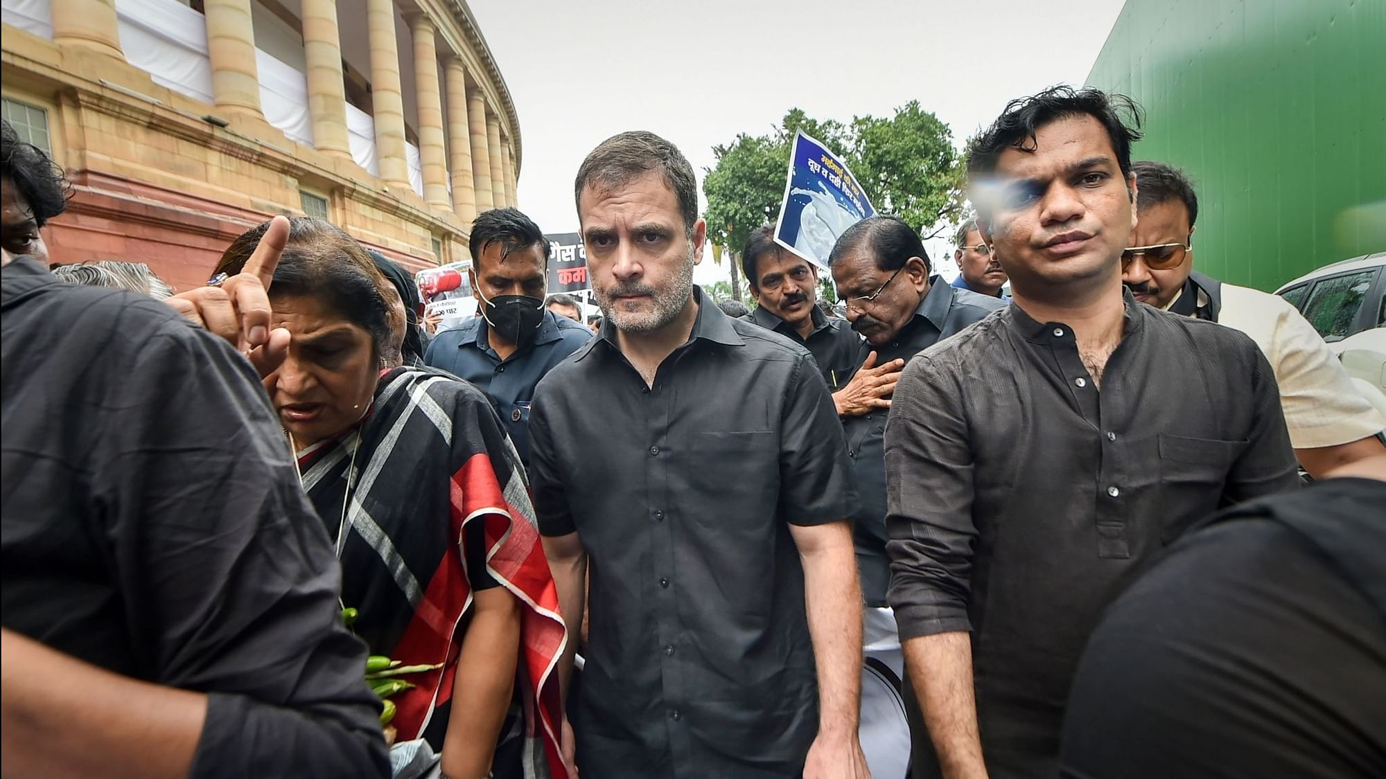 <div class="paragraphs"><p>Rahul Gandhi and other Congress leaders taking part in a protest march against the Centre on Friday.</p></div>
