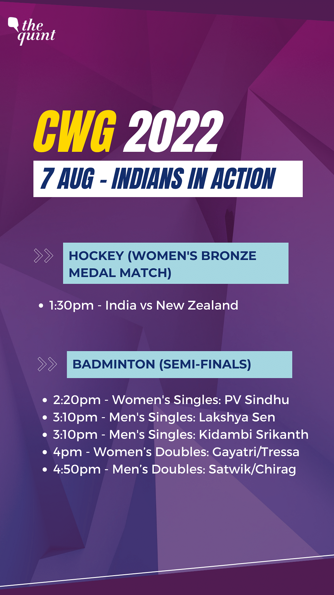 Indian women's hockey team will take on New Zealand in bronze medal match on Day 10 of the Commonwealth Games.