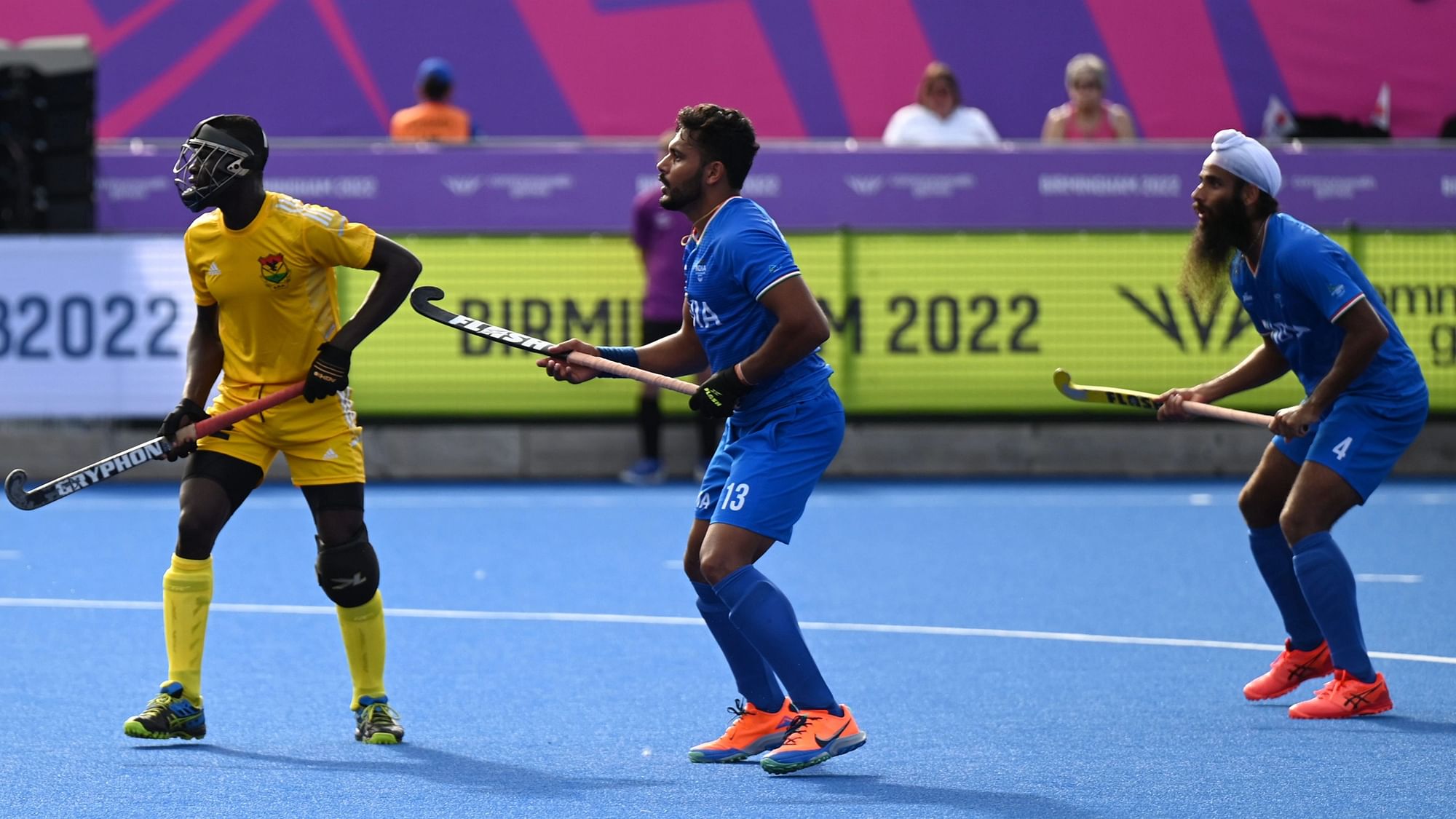 <div class="paragraphs"><p>Indian hockey player Harmanpreet Singh (centre) in action against Ghana during the Pool B men's field hockey match of the 2022 Commonwealth Games.&nbsp;</p></div>