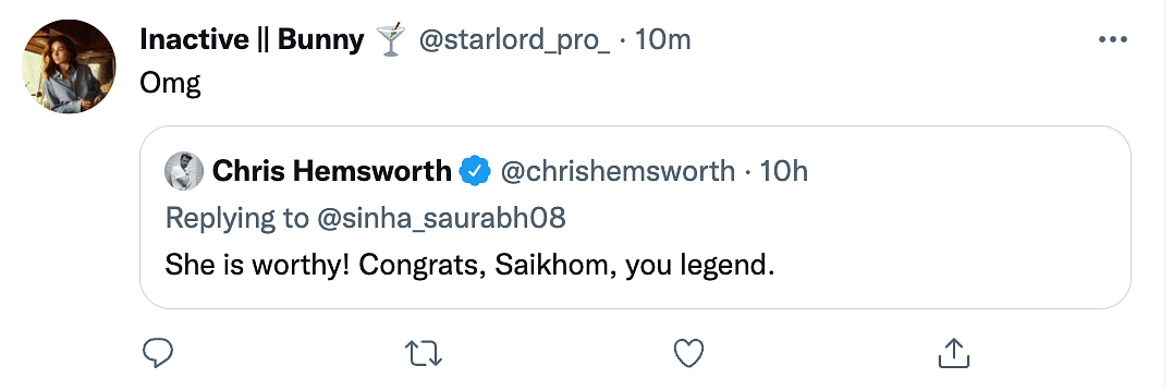 Chris Hemsworth wrote, "Congrats, Saikhom, you legend."