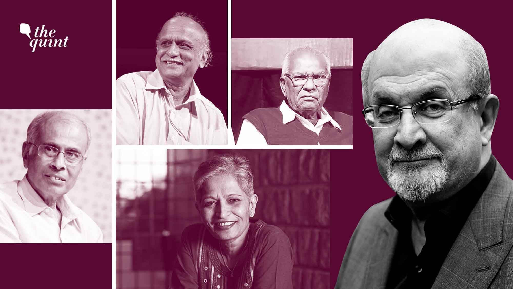 <div class="paragraphs"><p>Gauri Lankesh (bottom), Narendra Dabholkar (left), Salman Rushdie (right), MM Kalburgi (top left), Govind Pansare (top right).</p></div>