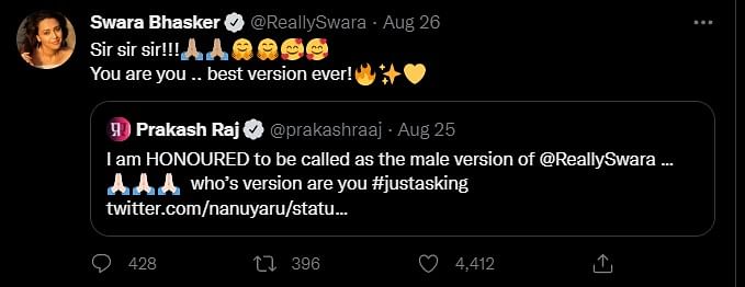 'You are you...best version ever!' Swara Bhasker replied.