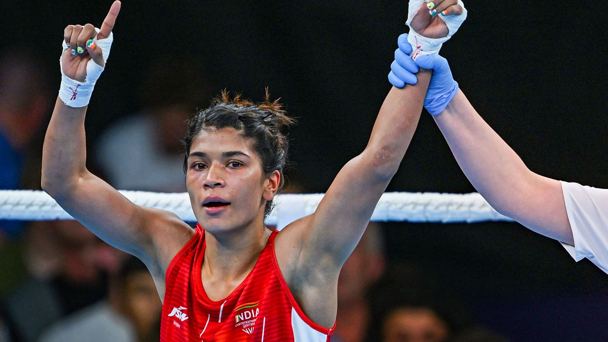 <div class="paragraphs"><p>India's Nikhat Zareen (right) in action against Helen Jones of Wales during the women's 48kg-50kg quarter-final boxing match of the 2022 Commonwealth Games in Birmingham on Wednesday.</p></div>