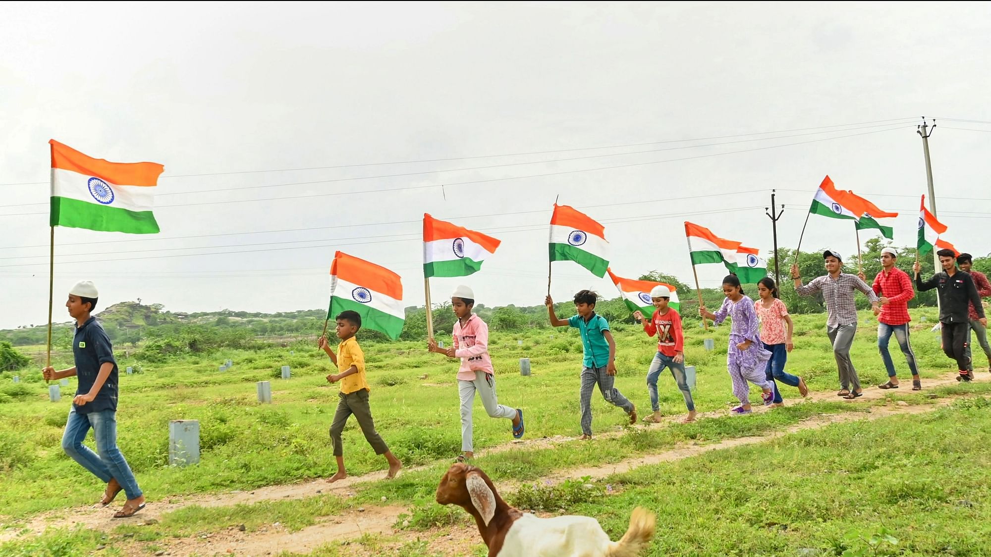 <div class="paragraphs"><p>Children running through a field in Rajasthan's Ajmer while holding the national flag on Monday, 15 August. </p></div>