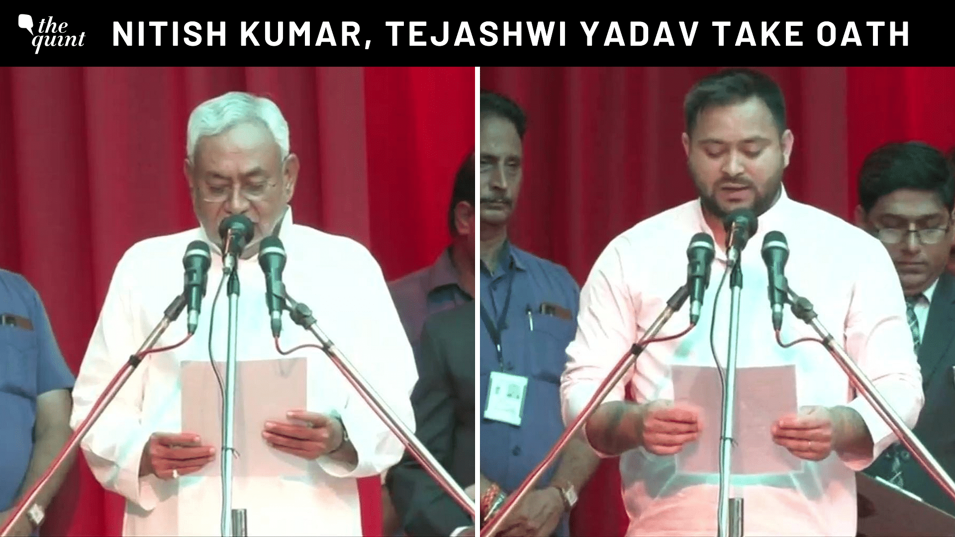 <div class="paragraphs"><p>Janata Dal (United) chief <a href="https://www.thequint.com/topic/nitish-kumar">Nitish Kumar</a> on Wednesday, 10 August, took oath as chief minister of <a href="https://www.thequint.com/topic/bihar">Bihar</a>, along with Rashtriya Janata Dal leader Tejashwi Yadav, who was sworn in as the deputy CM.</p></div>