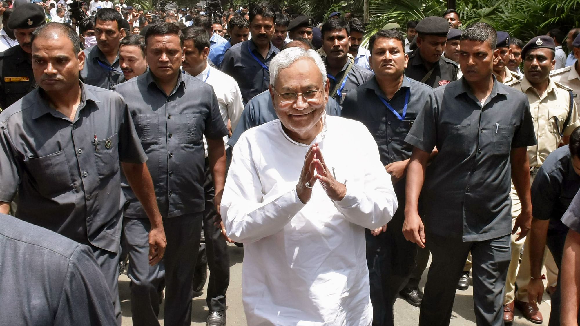 <div class="paragraphs"><p>Bihar Chief Minister Nitish Kumar leaves after the swearing-in ceremony of Bihar Cabinet Ministers at Raj Bhavan, in Patna, on Tuesday, 16 August.</p></div>