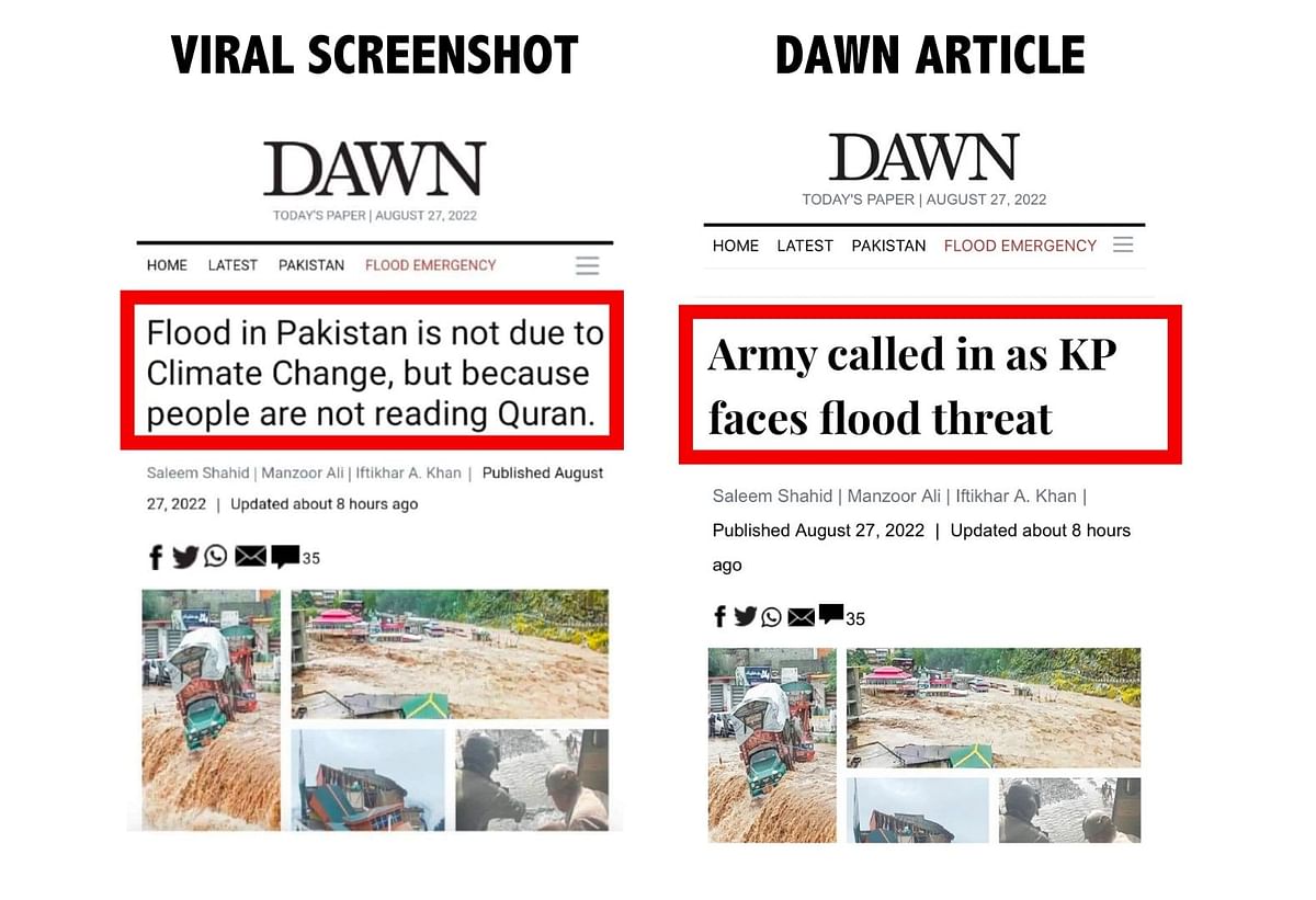 The original article's headline discusses the Pakistan Army being called to Khyber Pakhtunkhwa for flood aid. 