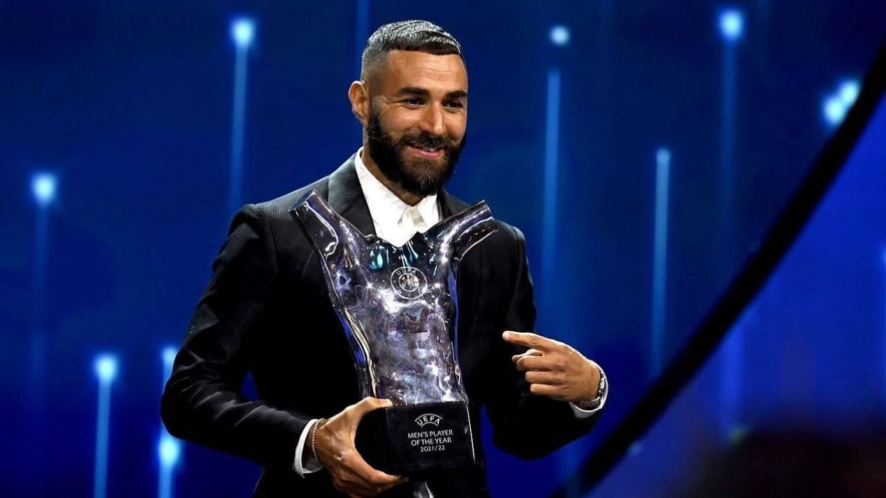 <div class="paragraphs"><p>Real Madrid forward Karim Benzema poses for a photo after winning the&nbsp;2021-22 UEFA Men's Player of the Year award.&nbsp;</p></div>