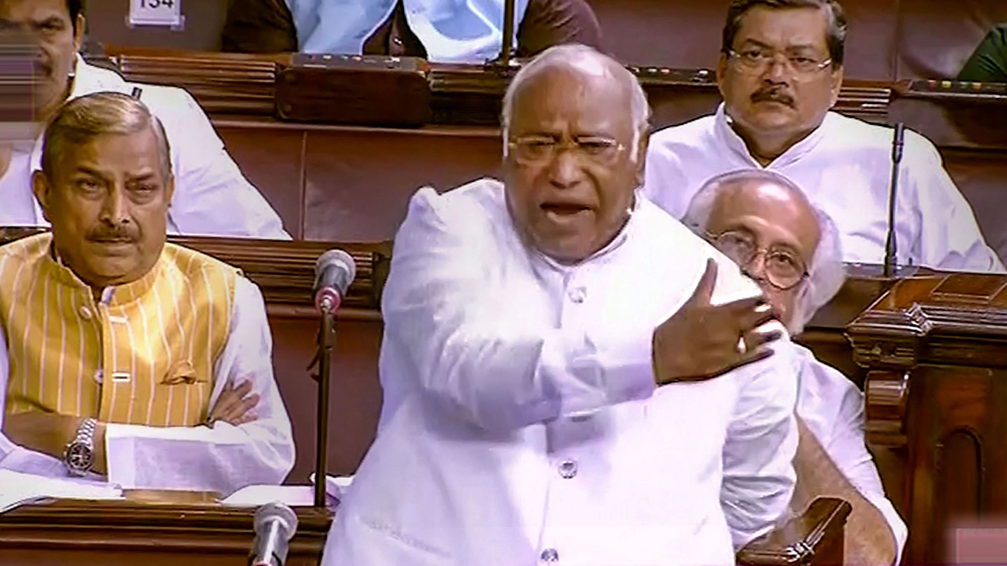 <div class="paragraphs"><p>New Delhi: Congress MP Mallikarjun Kharge speaks in the Rajya Sabha during the ongoing Monsoon Session of Parliament, in New Delhi, on Thursday, 4 August.</p></div>