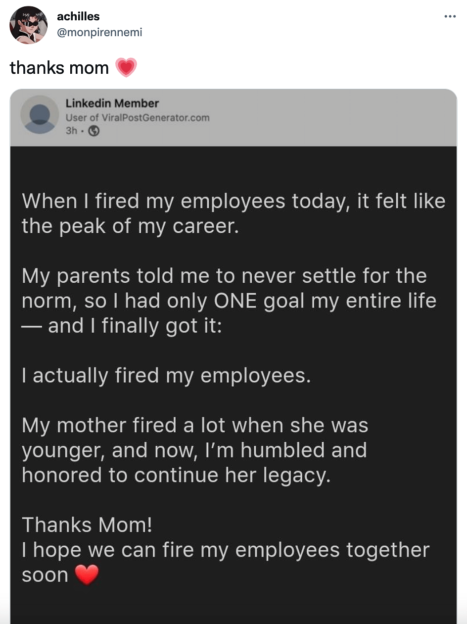What a great way to mock the fake motivational posts on LinkedIn!