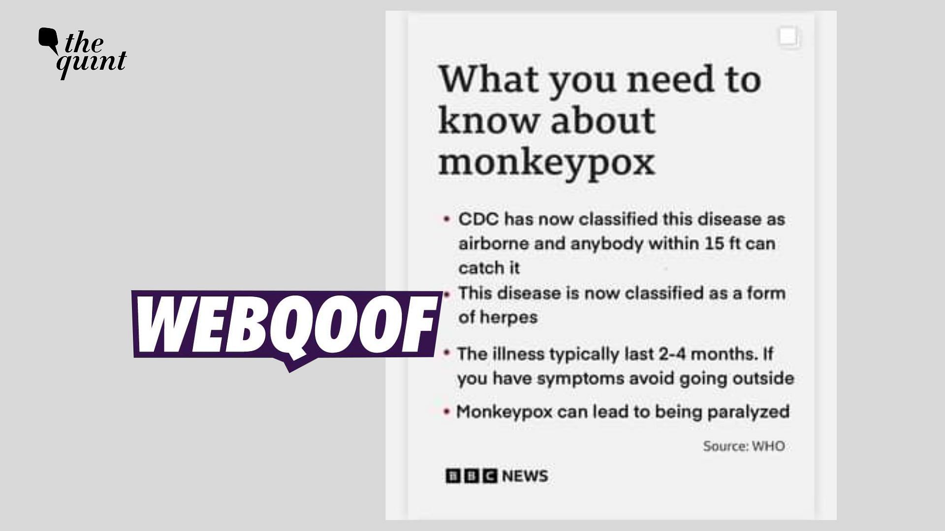 <div class="paragraphs"><p>The claim suggests that monkeypox has been classified as an airborne disease and can lead to paralysis.&nbsp;</p></div>