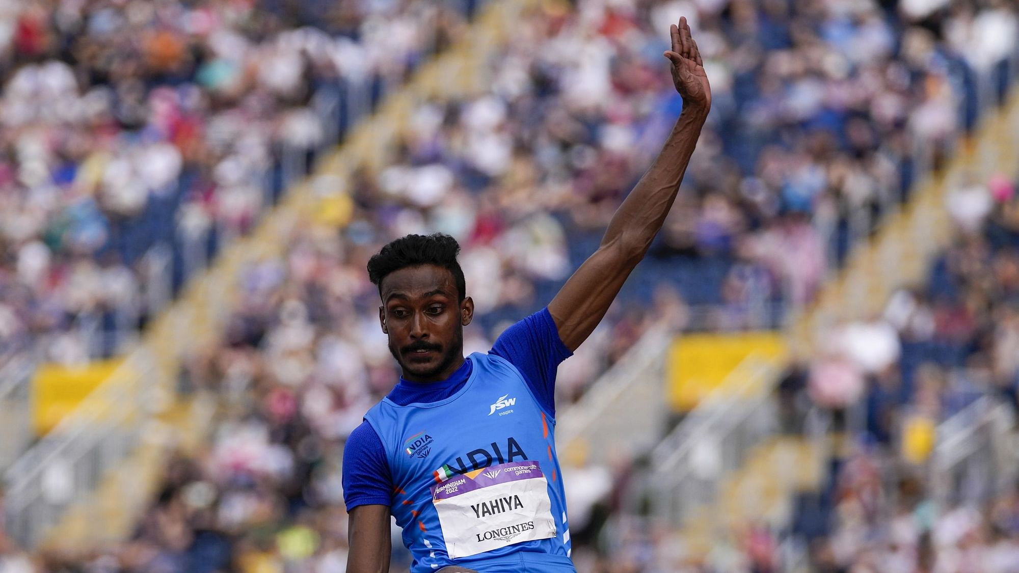 <div class="paragraphs"><p>Muhammed Anees Yahiya of India competes in the men's long jump qualifying at the 2022 Commonwealth Games in Birmingham on Tuesday.&nbsp;</p></div>