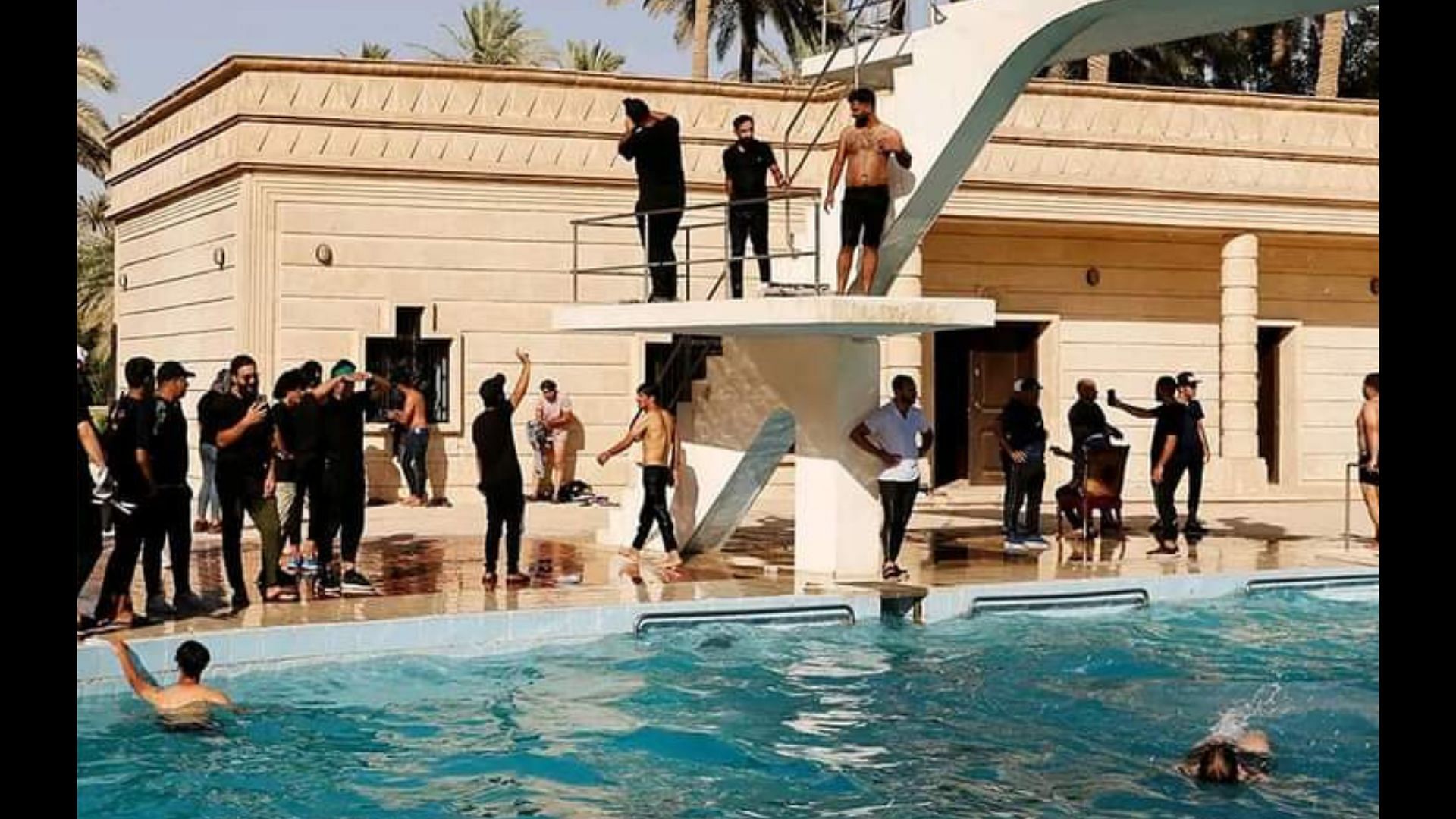 <div class="paragraphs"><p>Photos and videos surfaced online, which showed protesters swimming in the pool, bearing an uncanny resemblance to when demonstrators took over former President Gotabaya Rajapaksa's palace in Sri Lanka.</p></div>