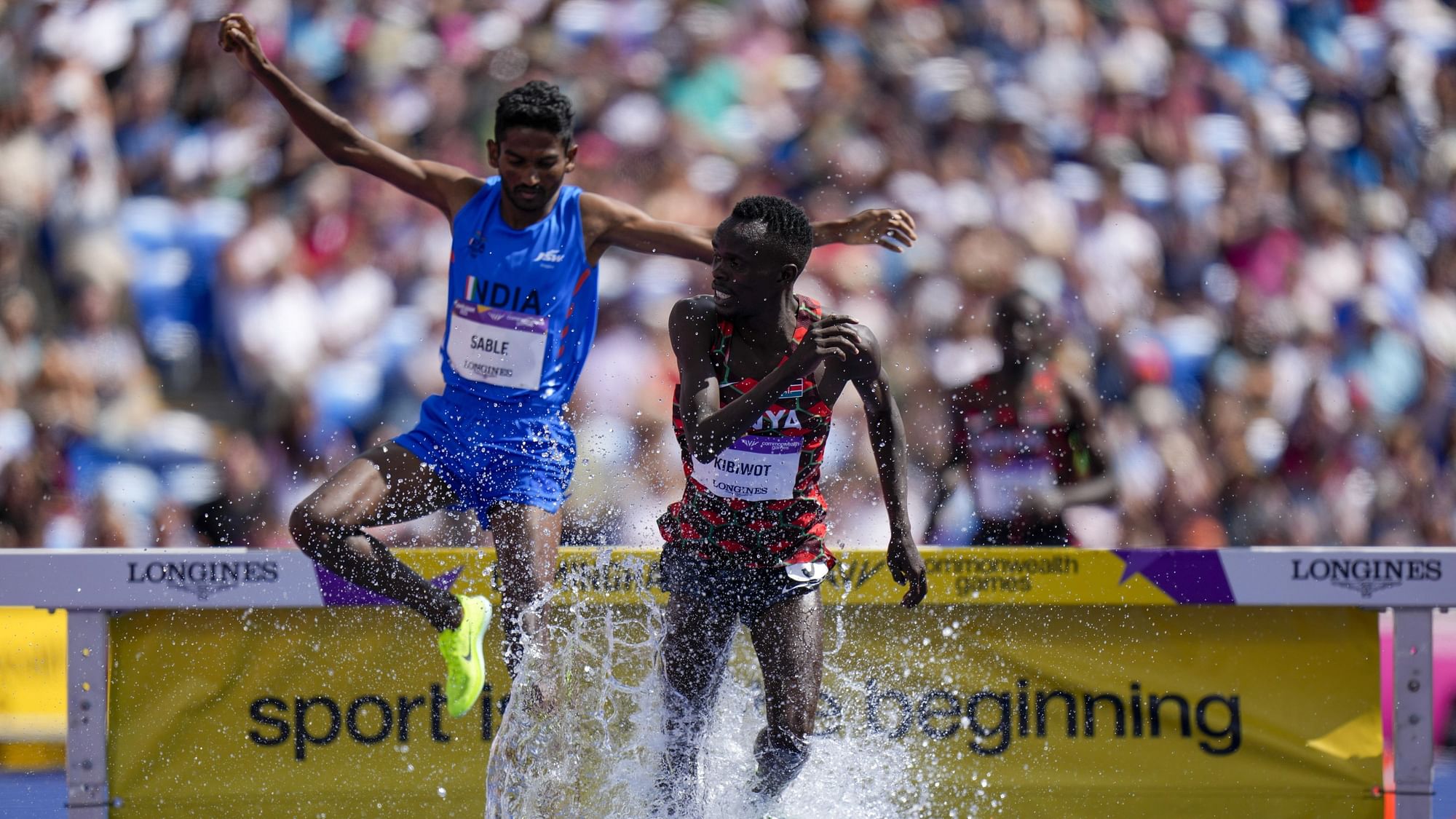 <div class="paragraphs"><p>Kenya's Abraham Kibiwot leads Avinash Mukund Sable (left) of India in the men's 3000m  steeplechase final at the 2022 Commonwealth Games in Birmingham on Saturday.&nbsp;</p></div>