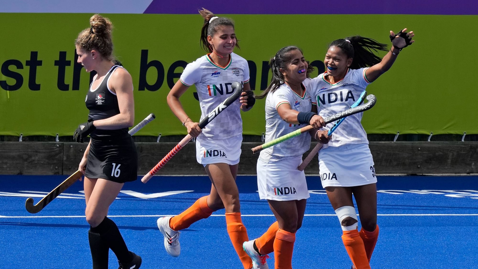 <div class="paragraphs"><p>India's Tete Salima (extreme right) celebrates with her teammates after scoring a goal against Canada during the women's Pool A hockey match at the 2022 Commonwealth Games in Birmingham on Wednesday.&nbsp;</p></div>