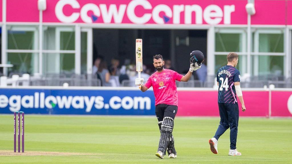 <div class="paragraphs"><p>India's Cheteshwar Pujara celebrates after scoring his third century for Sussex in the Royal London One-Day Cup on Tuesday.&nbsp;</p></div>