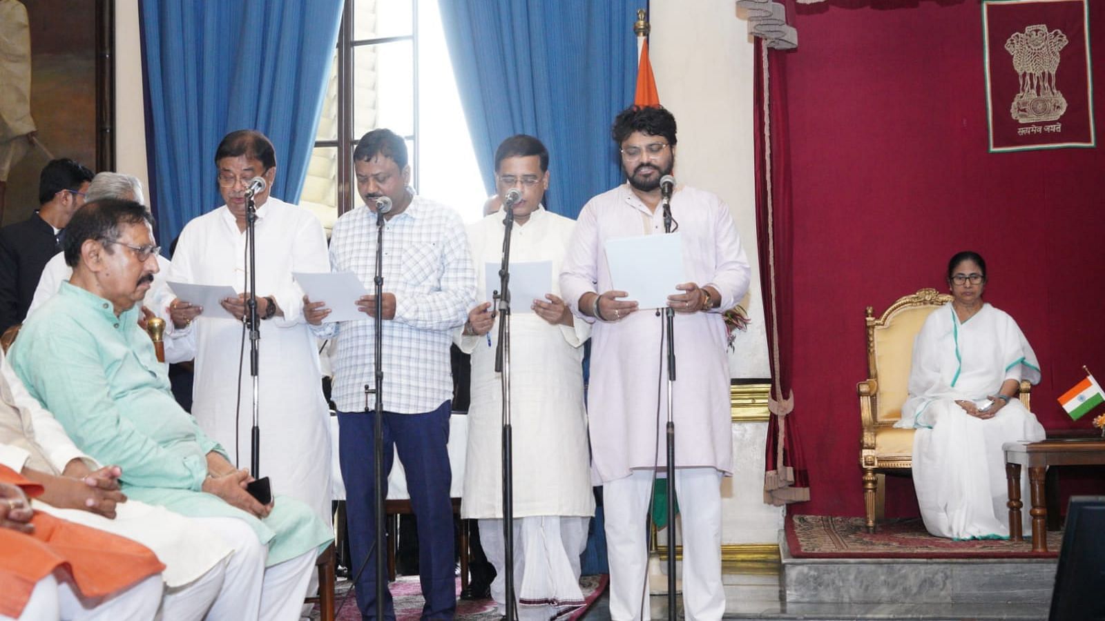 <div class="paragraphs"><p>Nine new ministers, including former Bharatiya Janata Party (BJP) MP <a href="https://www.thequint.com/topic/babul-supriyo">Babul Supriyo</a>, have been sworn-in amid the expansion of the<a href="https://www.thequint.com/topic/mamata-banerjee"> Mamata Banerjee</a>-led West Bengal Cabinet on Wednesday, 3 August.</p></div>