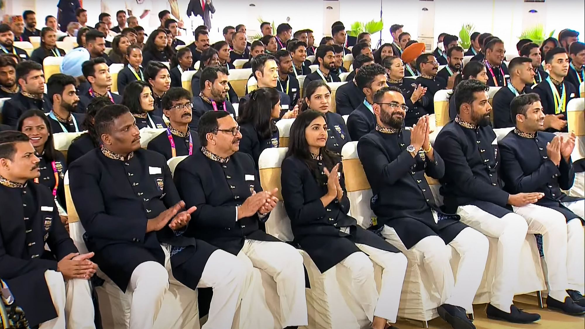 <div class="paragraphs"><p>Members of the Indian contingent for the 2022 Commonwealth Games during their interaction with Prime Minister Narendra Modi at his residence in New Delhi on Saturday.</p></div>