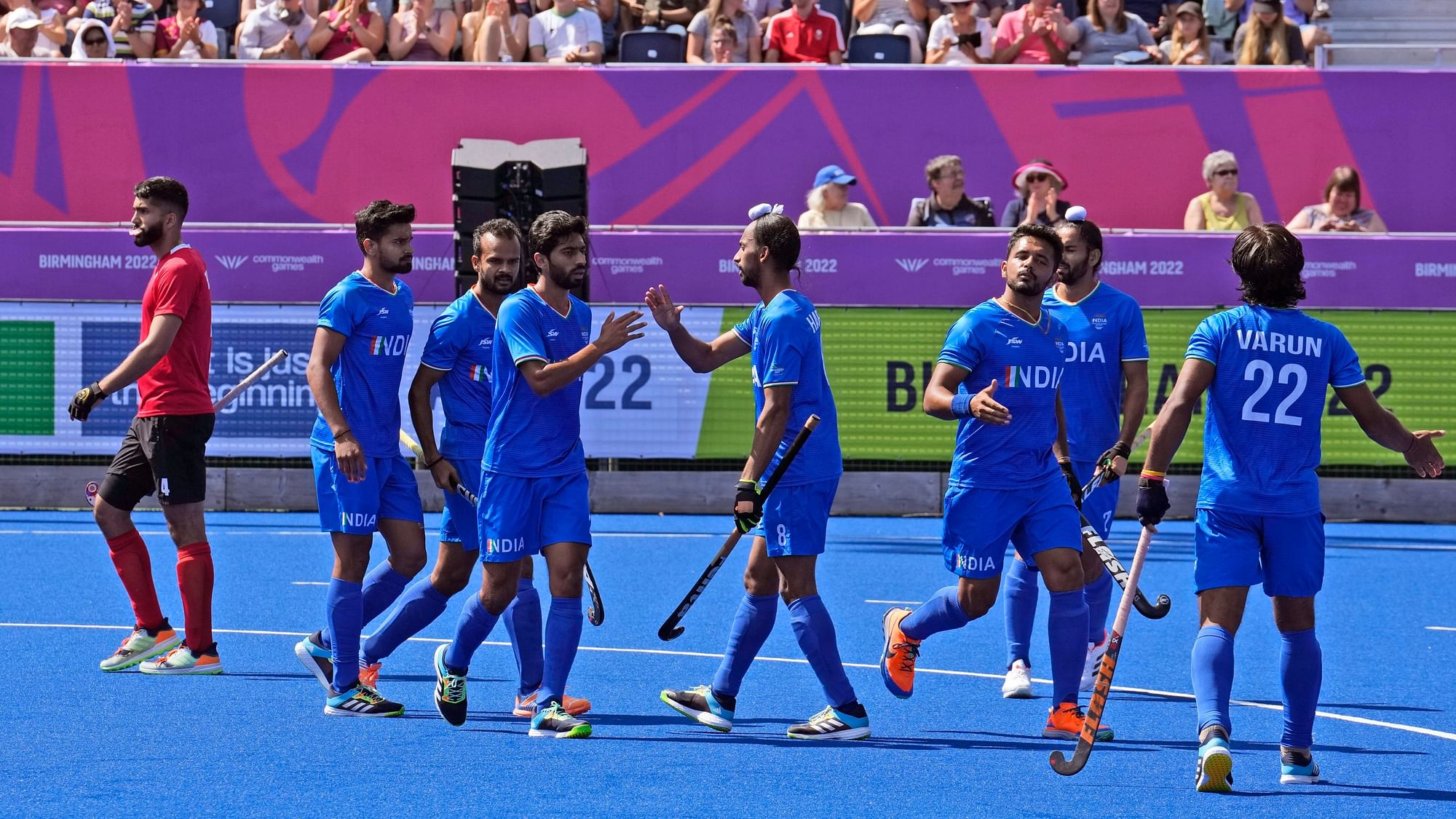 <div class="paragraphs"><p>Indian players celebrate a goal against Canada during the men's Pool B hockey match at the 2022 Commonwealth Games in Birmingham on Wednesday.</p></div>