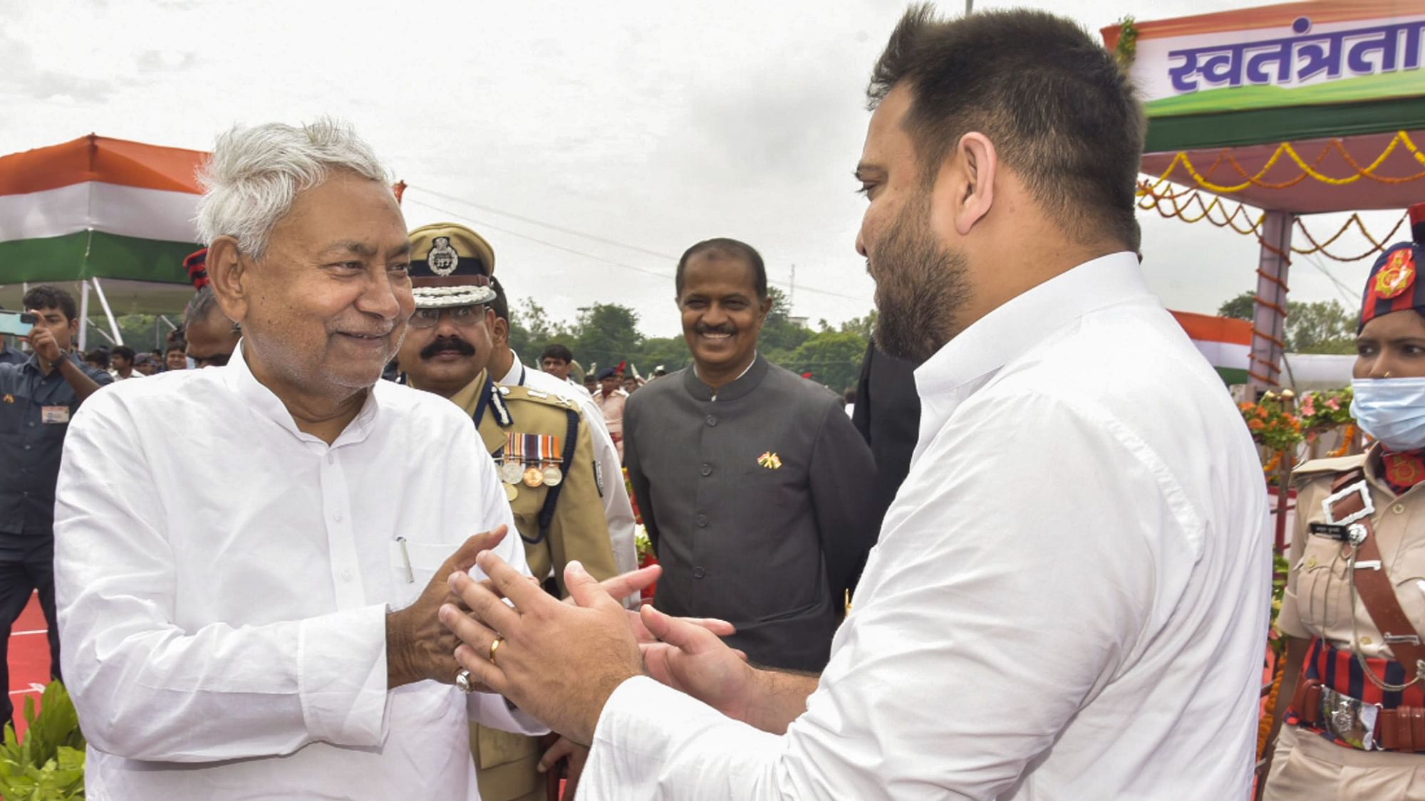 <div class="paragraphs"><p>Bihar Chief Minister Nitish Kumar with his deputy Tejashwi Yadav after 76th Independence Day function at Gandhi Maidan, in Patna, on Monday, 15 August.</p></div>