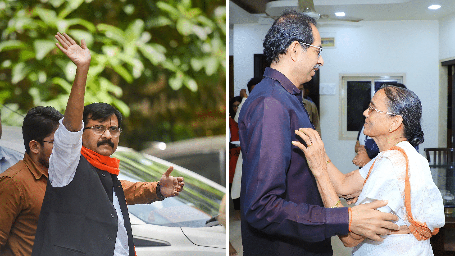<div class="paragraphs"><p>Shiv Sena MP Sanjay Raut outside ED office (left); Uddhav Thackeray meets Raut's family: 1 August</p></div>