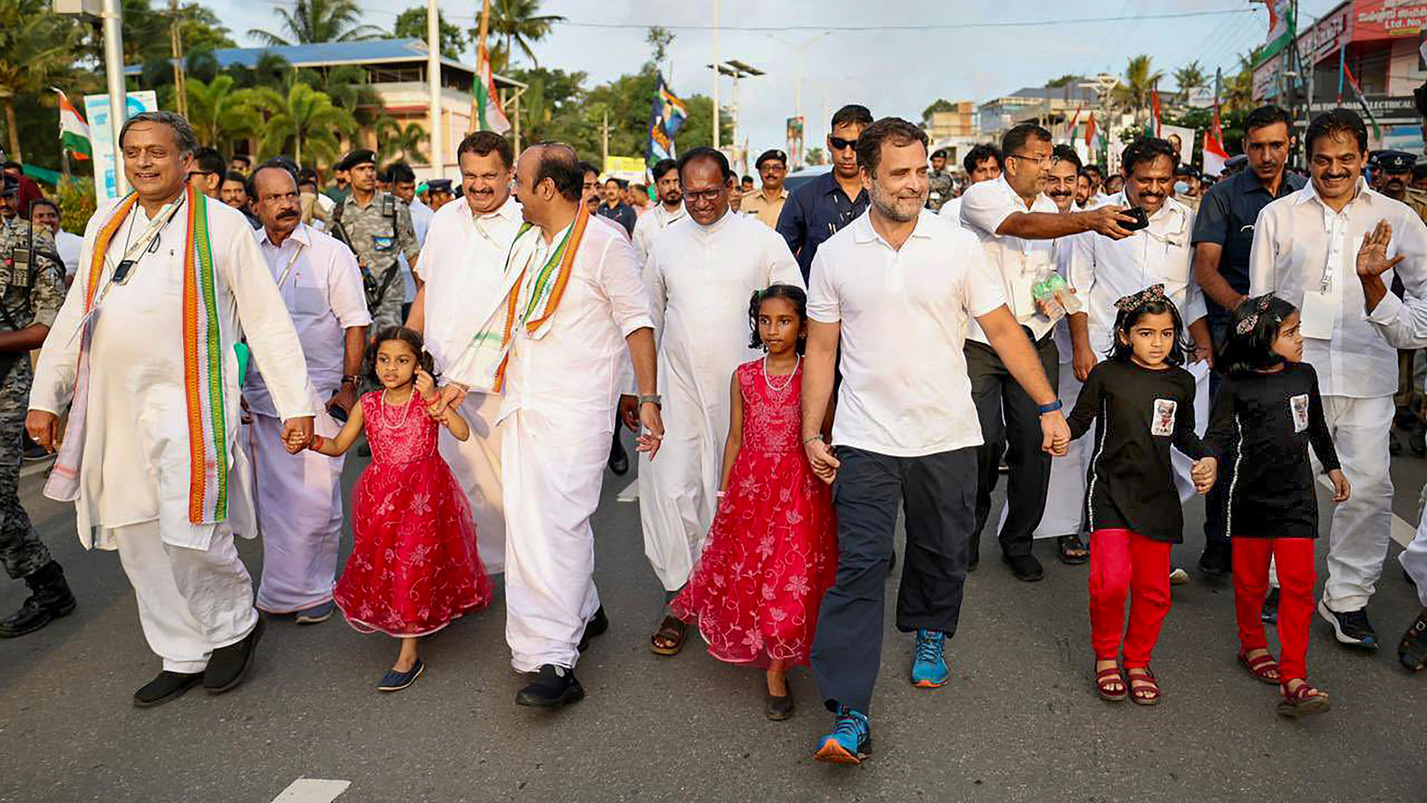 <div class="paragraphs"><p>Congress leaders Rahul Gandhi, Shashi Tharoor and others during the 'Bharat Jodo Yatra' in Kerala on 11 September.&nbsp;</p></div>
