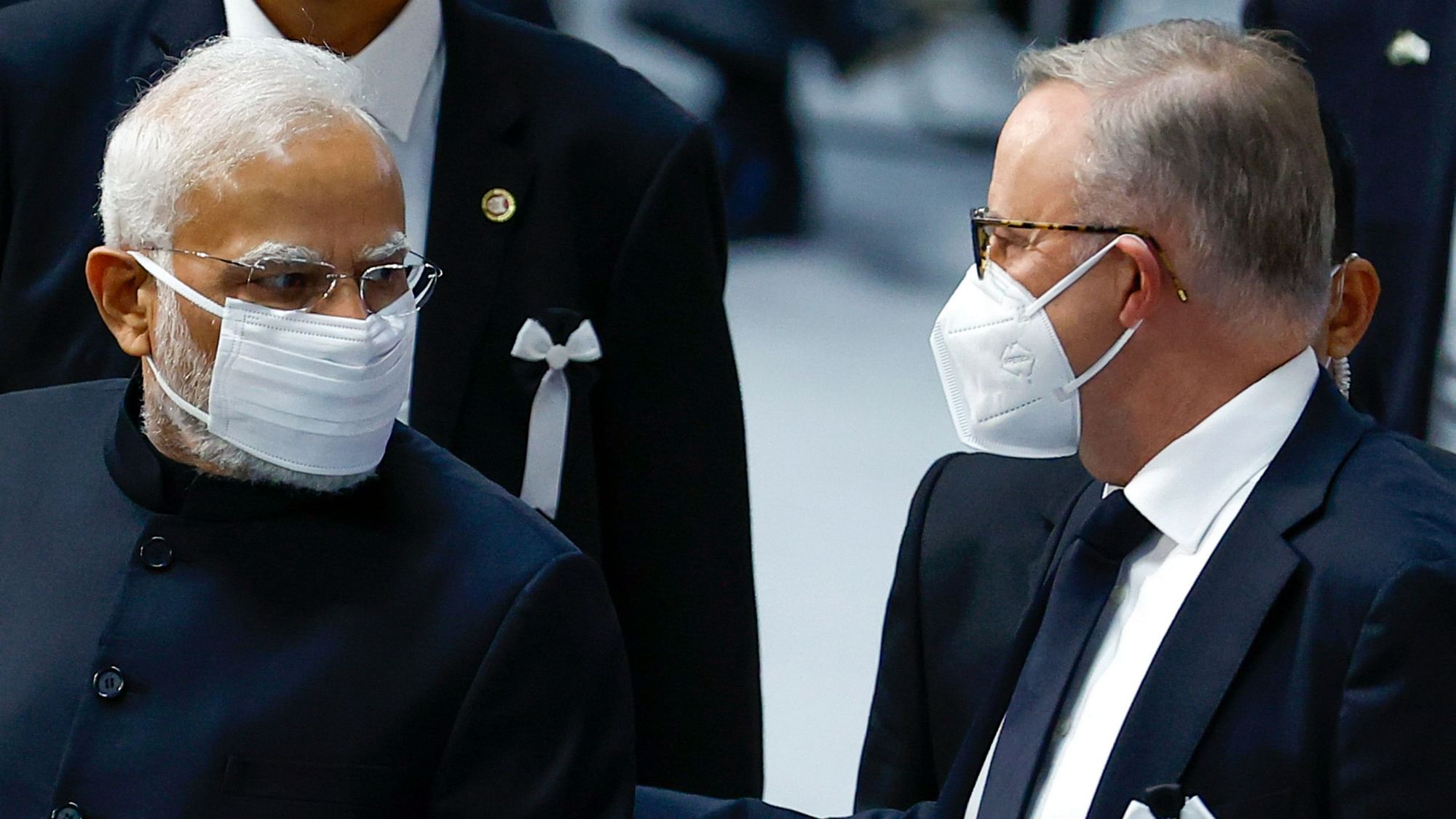 <div class="paragraphs"><p>PM Modi with his Australian counterpart Anthony Albanese at the state funeral of former Japanese PM Shinzo Abe in Tokyo on Tuesday, 27 September. </p></div>