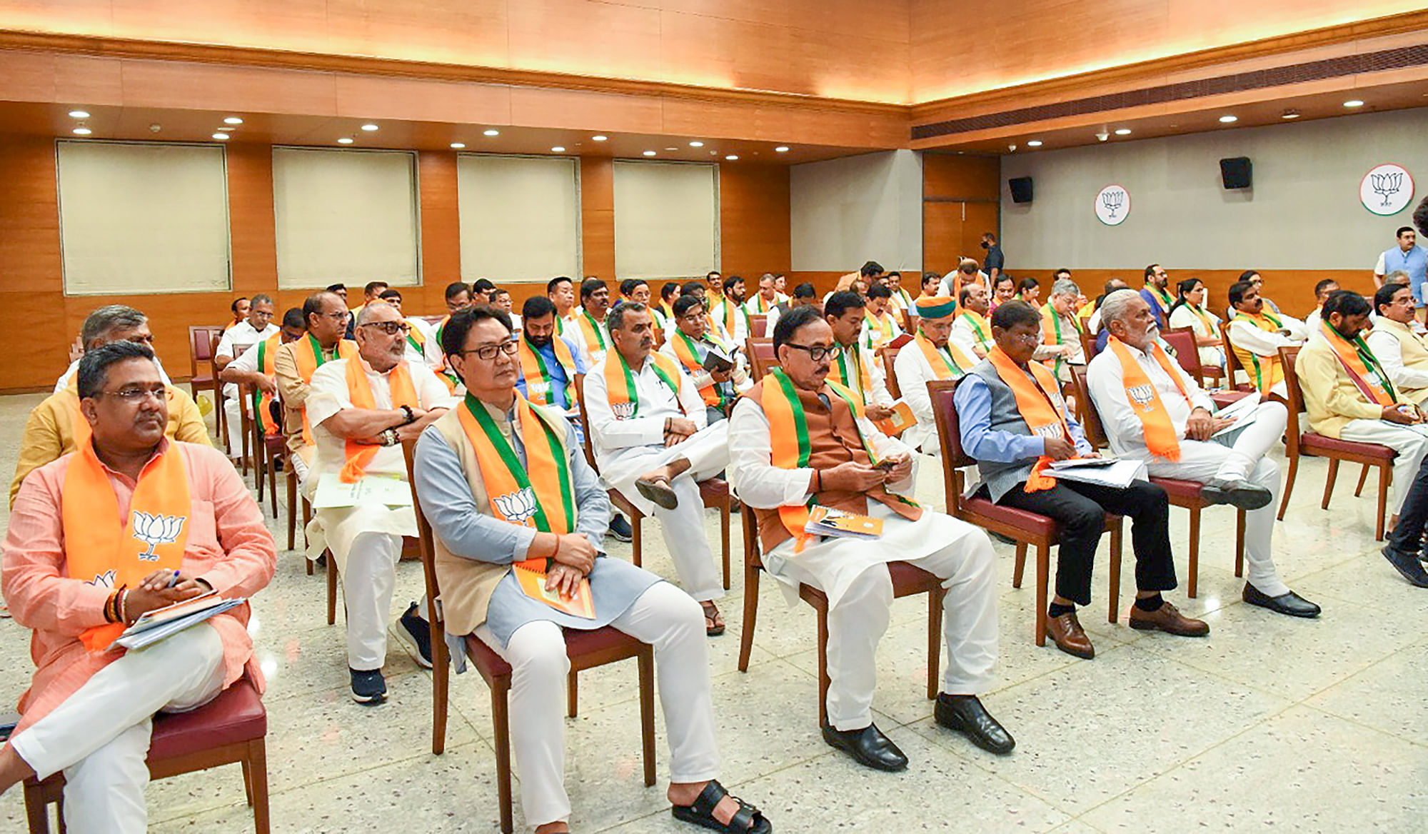 <div class="paragraphs"><p>Union Ministers Kiren Rijiju, Giriraj Singh and other senior BJP leaders during a party meeting with BJP National President JP Nadda and Home Minister Amit Shah, at BJP Headquarters in New Delhi, Tuesday, 6 September.</p></div>