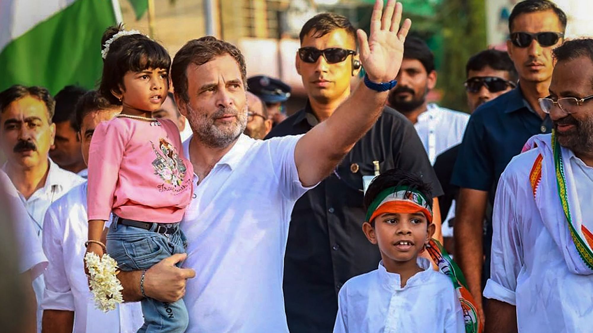 <div class="paragraphs"><p>Congress leader Rahul Gandhi with children during the party's Bharat Jodo Yatra, in Thiruvananthapuram district on Tuesday, 13 September.</p></div>