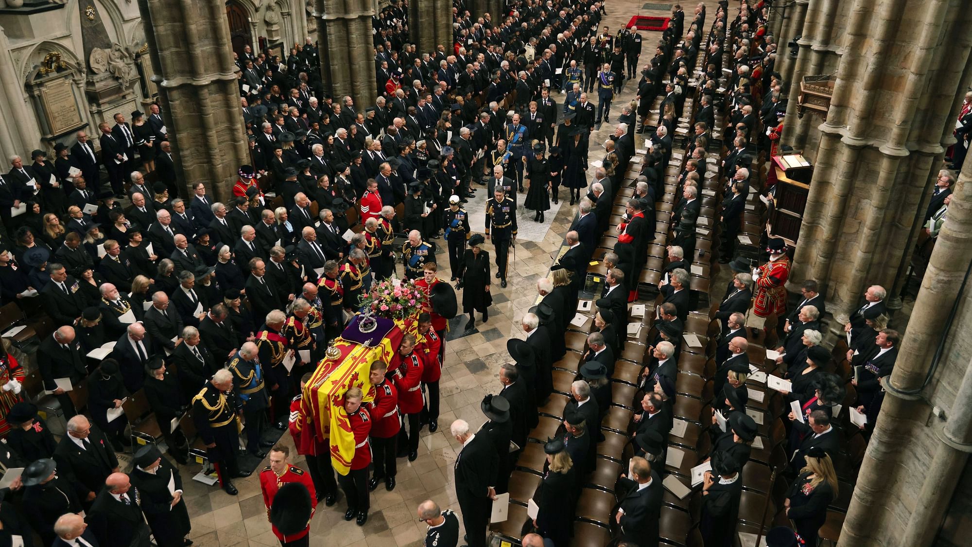 <div class="paragraphs"><p>King Charles III, Camilla, Queen Consort, and other members of the Royal family follow the coffin of Queen Elizabeth II as it is carried into Westminster Abbey ahead of her State Funeral, in London, Monday Sept. 19, 2022.</p></div>