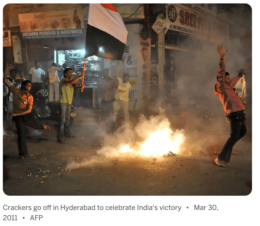 The photo shows people in Hyderabad celebrating India's win against Pak in the semi-finals of the 2011 World Cup.