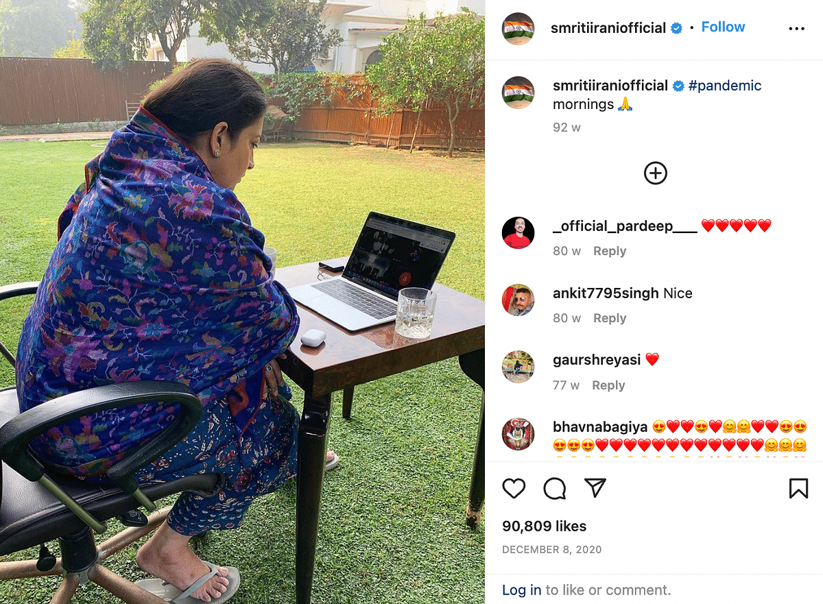 The original photo shows Union Minister Smriti Irani using her laptop on a table, with an empty glass beside it.