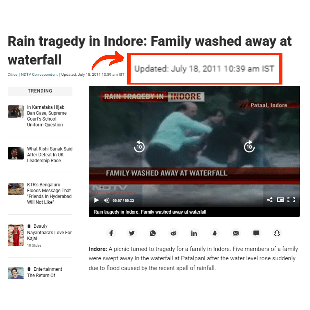 The 2011 video showed five people of a family being swept away near the Patalpani waterfall in Indore.