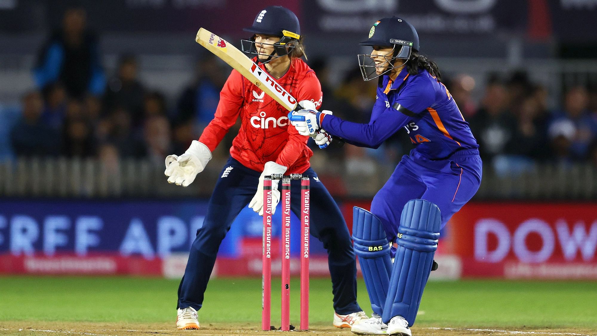 <div class="paragraphs"><p>Smriti Mandhana plays a shot during the second T20I between the Indian women's team and England women's team in Derby on Tuesday.&nbsp;</p></div>