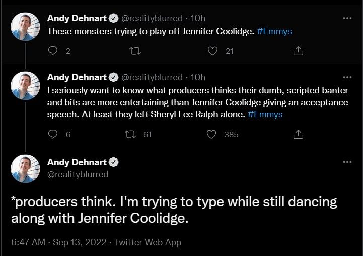 Fans are upset about Jennifer Coolidge's speech being cut short and Jimmy Kimmel's 'comic bit'.